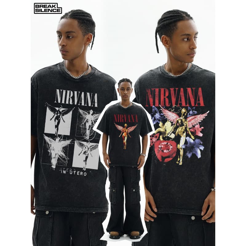 Nirvana Rock American Retro Short-Sleeve T-Shirt Washed Heavy-Duty Cross-Border Print American Fashion Pure Cotton Vintage Men's