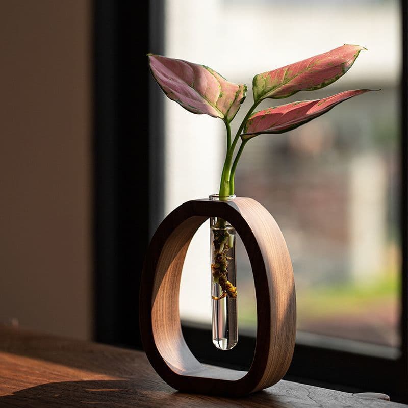 Walnut wood household small vase solid wood transparent glass hydroponic flower vessel water display desktop fresh flower arrangement ornament