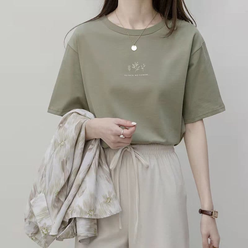 Women's Short-Sleeve Korean Round-Neck T-Shirt, Summer Loose Fit, Plant Print, Solid Color, Trendy Student Half-Sleeve Top, Dropshipping