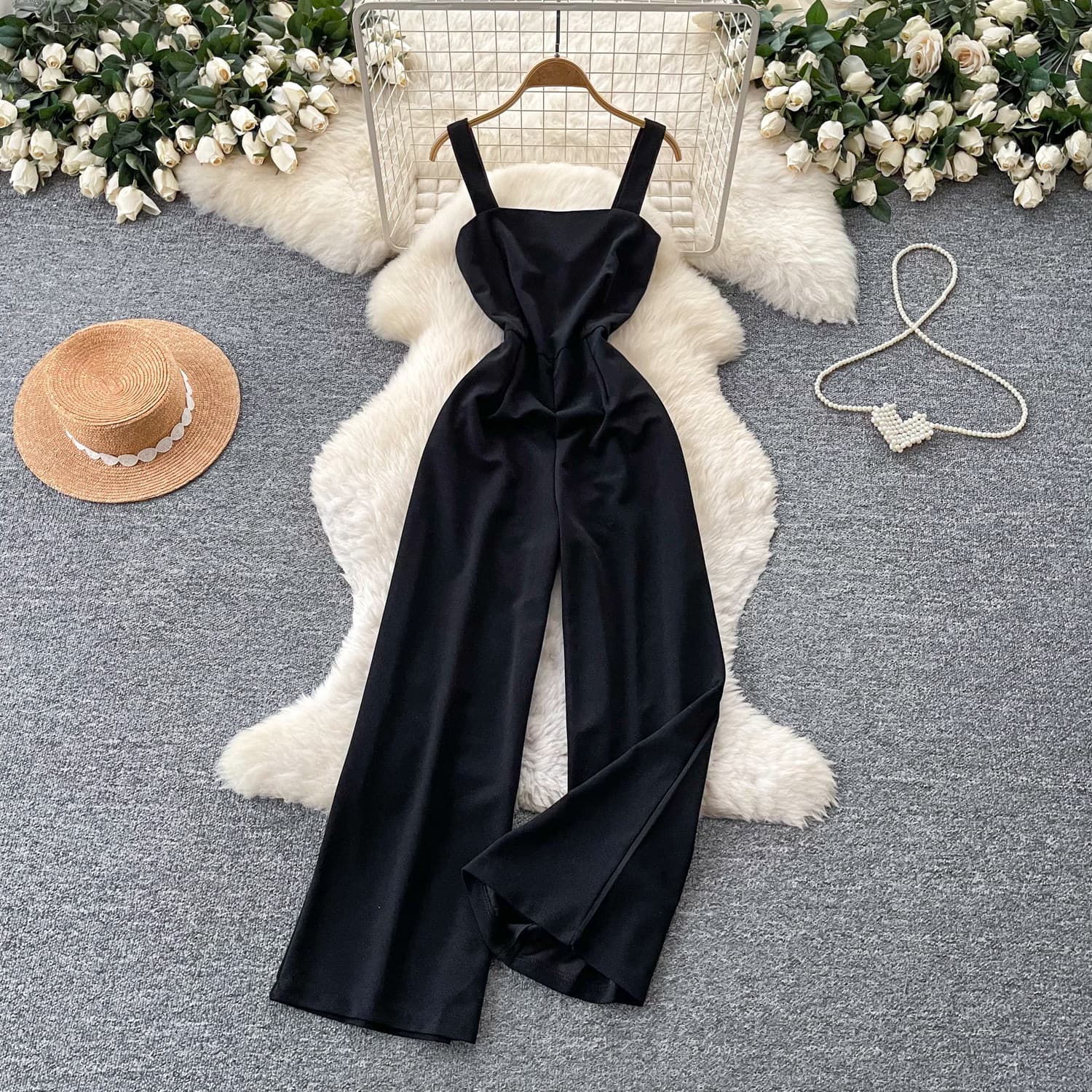 Cross-border Light Mature French Style Black Camisole Jumpsuit for Women Summer, Mature Backless Slimming Waist Straight Wide-leg Pants High-end