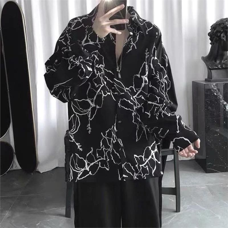 Dark Minimalist Design Long Sleeve Shirt for Men, Loose Fit, Trendy, Cool Student Floral Print Shirt