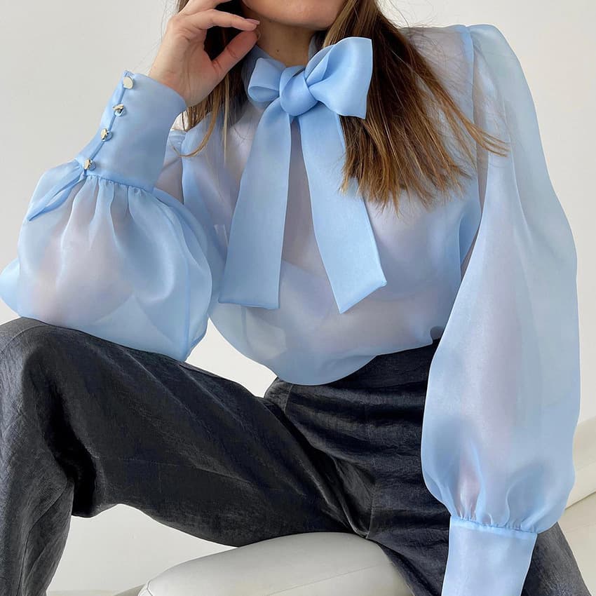 2023 Spring Season Sexy See-through Mesh Long Sleeve Top Layered High-End Feel Puff Sleeve Pullover Base Layer Top For Women