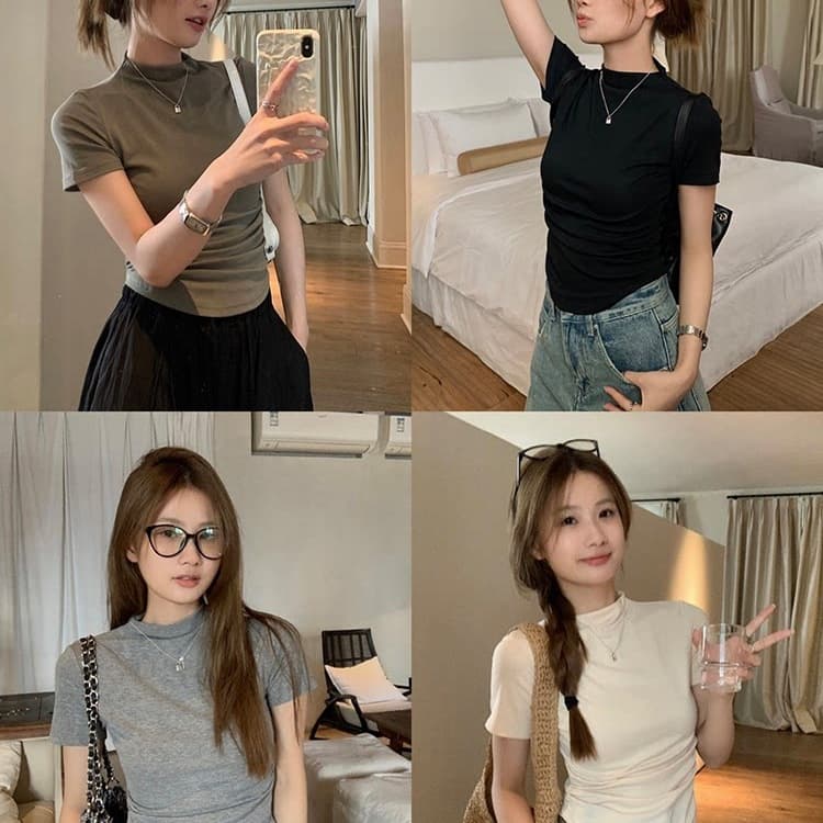 40-count pure cotton 92% cotton / 8% spandex 2026 summer new top pleated waistband mock neck short sleeve T-shirt women