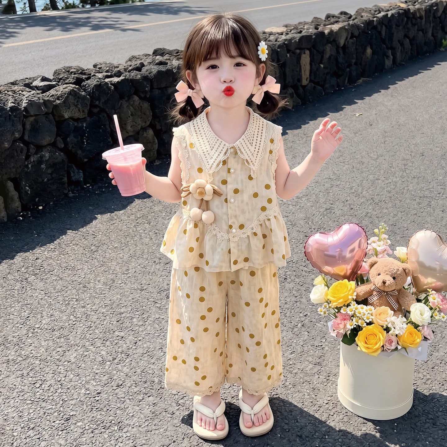 Korean Girls' Lace Collar Polka Dot Set Summer 2026 New Two-Piece Trendy Campus Kids Wholesale