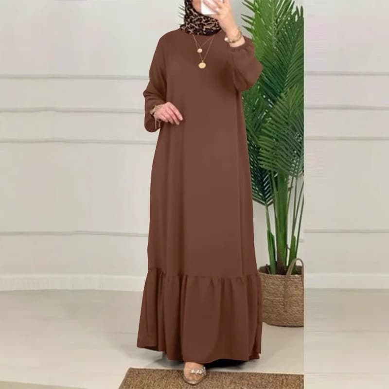 Muslim Clothing Pure Color Bubble Sleeve Ruffle Hem Dress Vintage Robe with Pocket Loose Long Skirt for Women Comfortable Casual Style