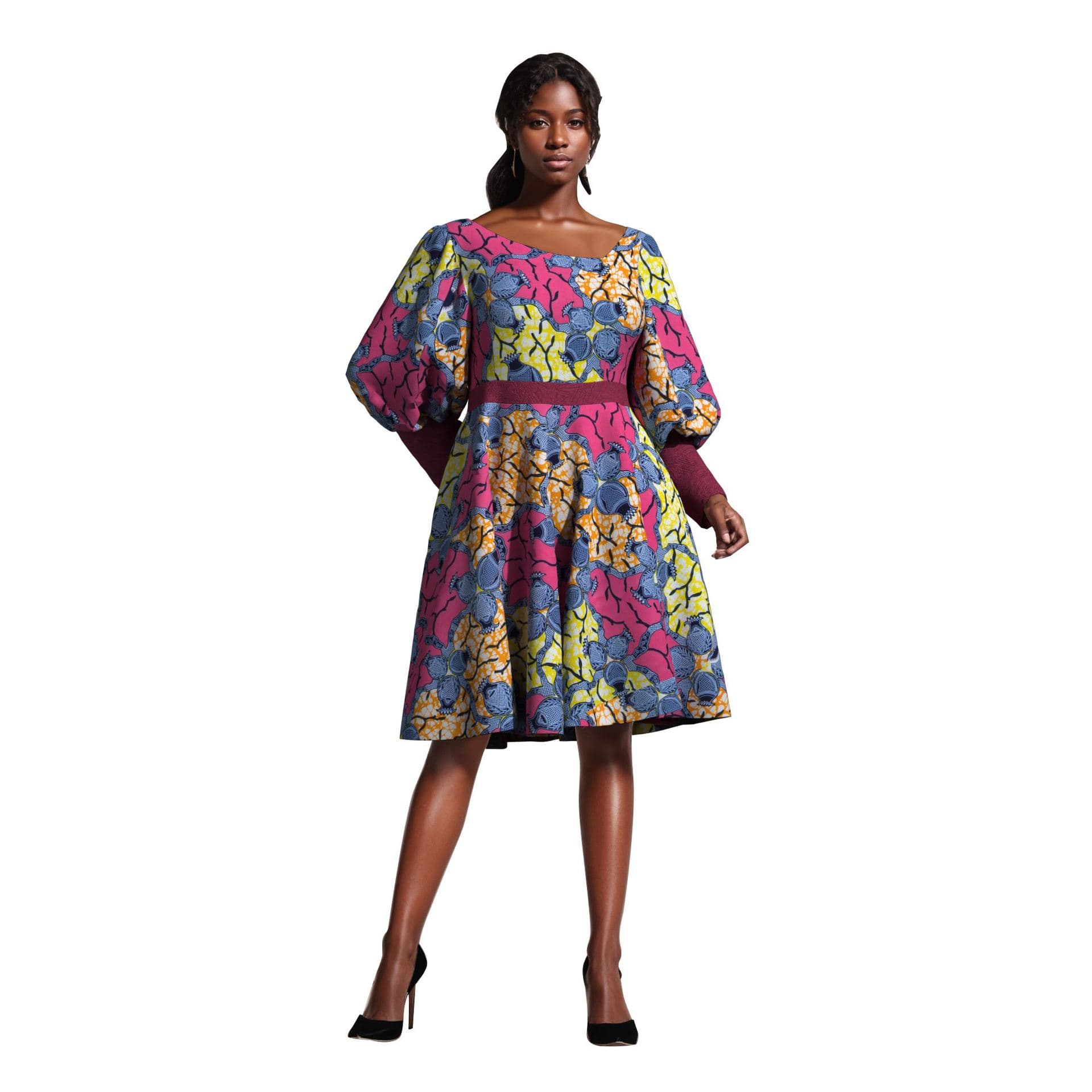 Cross-border export women's clothing 2025 spring new elegant round neck high-waist print knee-length dress long-sleeve women's dress