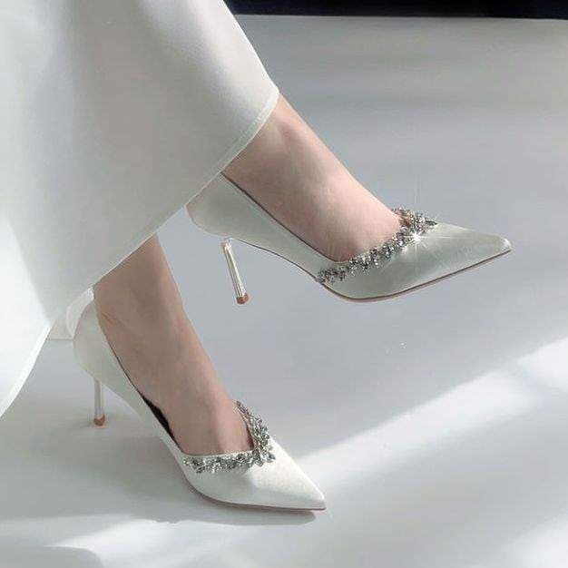 White Satin Rhinestone Comfortable Pointed-Toe Stiletto Bridal Wedding Shoes French High Heels for Women 2025 Autumn New Model