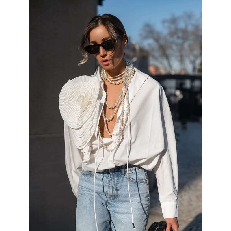 Russian Fashion Casual Commuter Drop Shoulder Floral Loose Shirt Women's White Blouse European and American Style