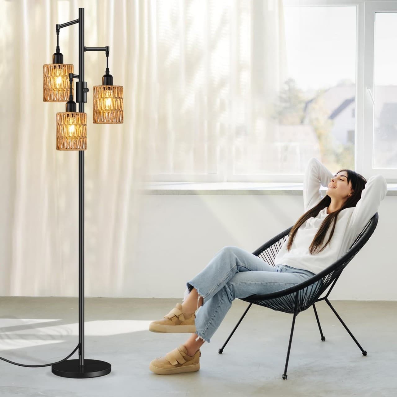 led farmhouse floor lamp tall tree lamp with 3 heads bohemian ins style rattan braided atmosphere dimmable vertical lamp