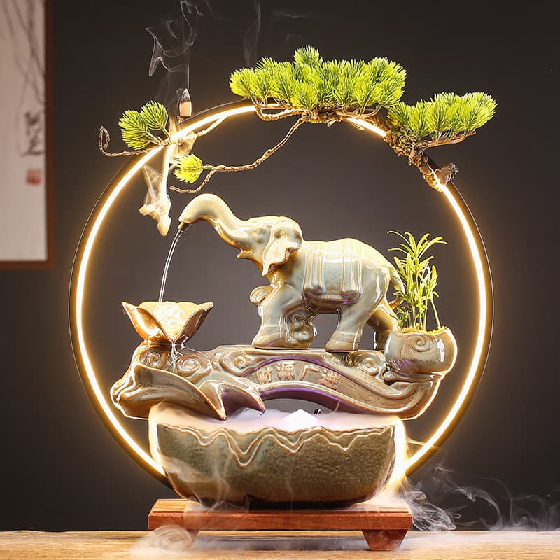 Chinese-style elephant attracts wealth, flowing water ornaments, financial resources, home office, living room, desktop decorations, opening gifts