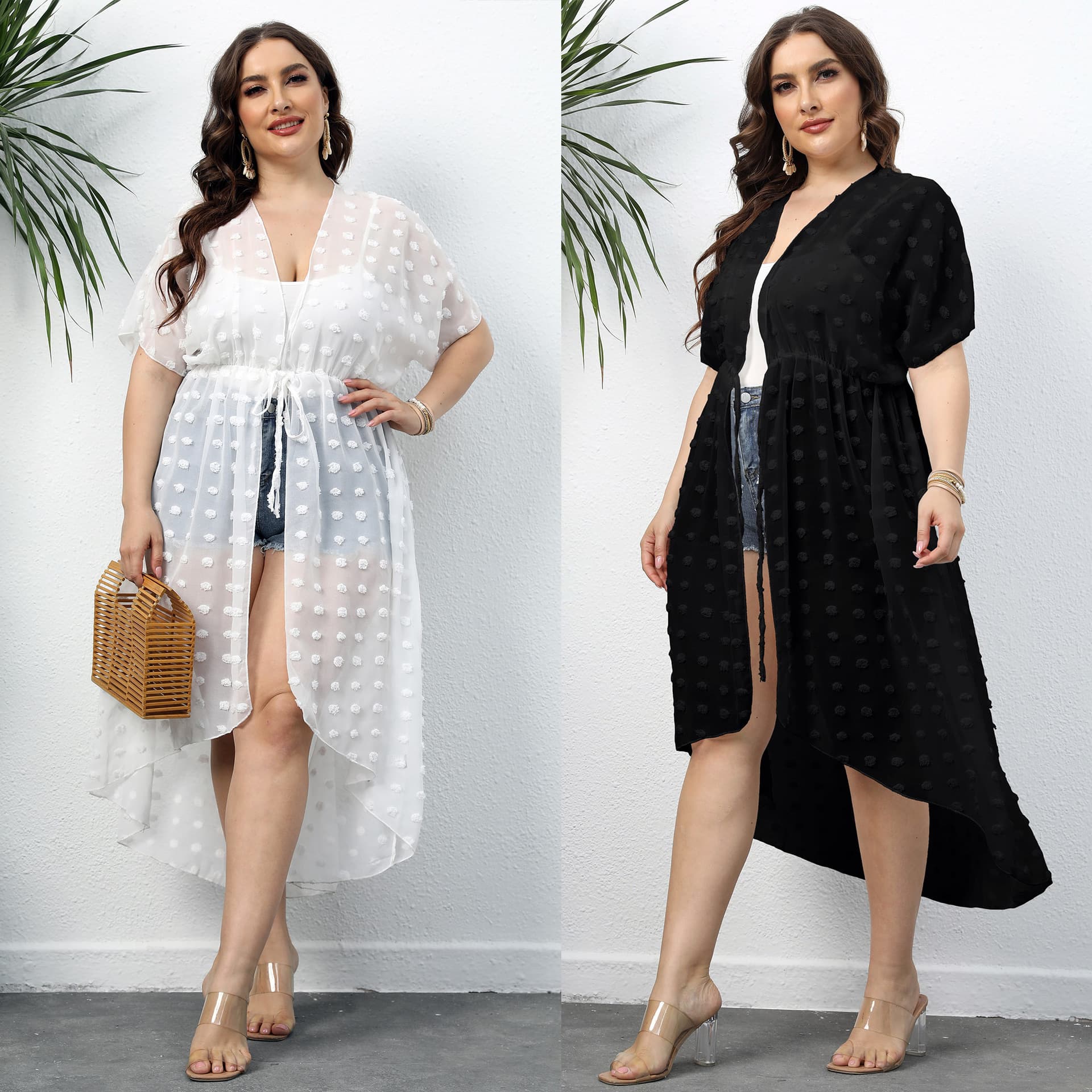 Plus Size Women's Cross-Border Outerwear Polka Dot Chiffon Blouse Beach Sun Protection Shirt Irregular Tie-Waist Cardigan F20118