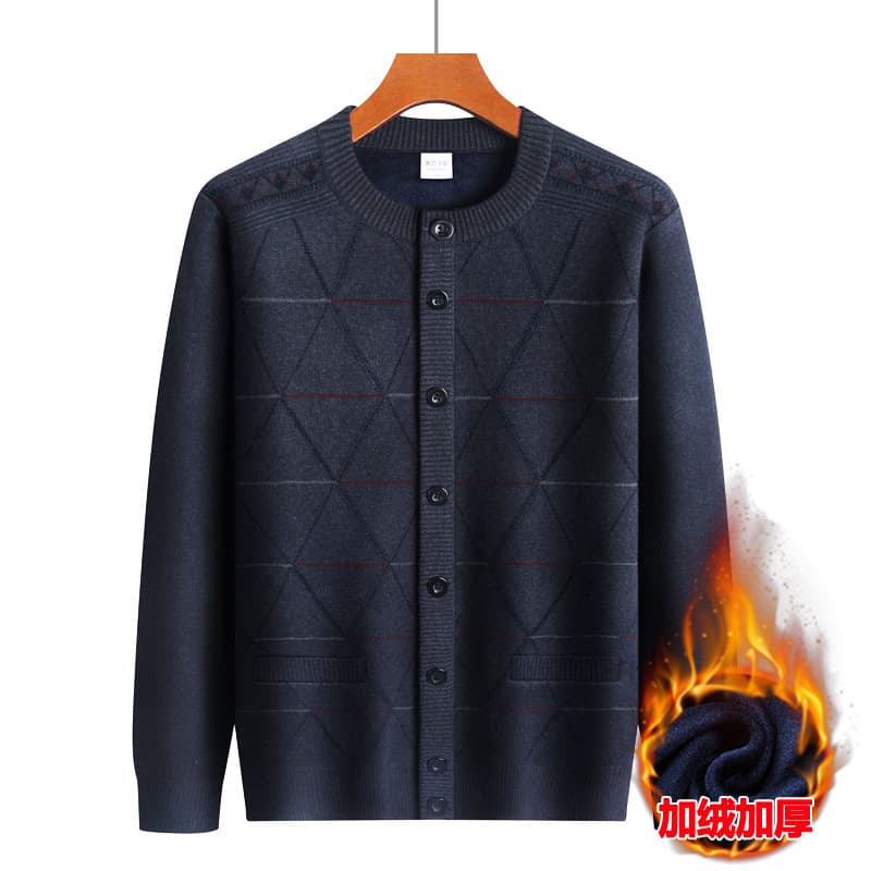 Middle-aged and elderly fathers' autumn and winter fleece-lined sweater coats, casual knitwear for senior men, cardigans for grandfathers, warm winter clothing