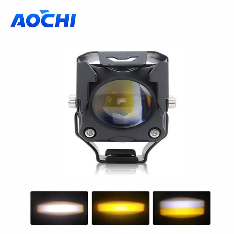 20W Mini Motorcycle External LED Spot Light, Small Square Light with Yellow and White Light, Fog Light with Protective Cover for Electric Vehicles