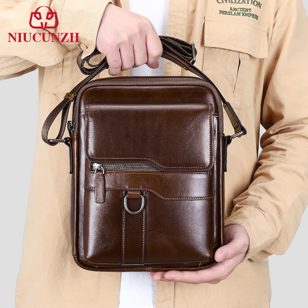Top Layer Cowhide Men's Casual Crossbody Business Shoulder Bag Korean Style Leather Bag Urban Minimalist Style Nylon Lining