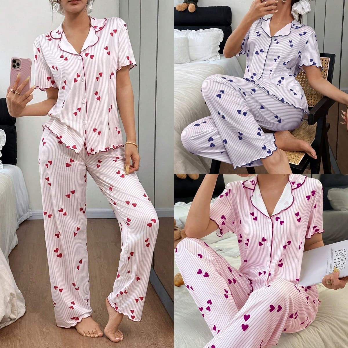 Cross-border Europe & US Women's Heart Print Deep V Cardigan Short Sleeve Loose Pants Home Loungewear Set, Suitable for Outing