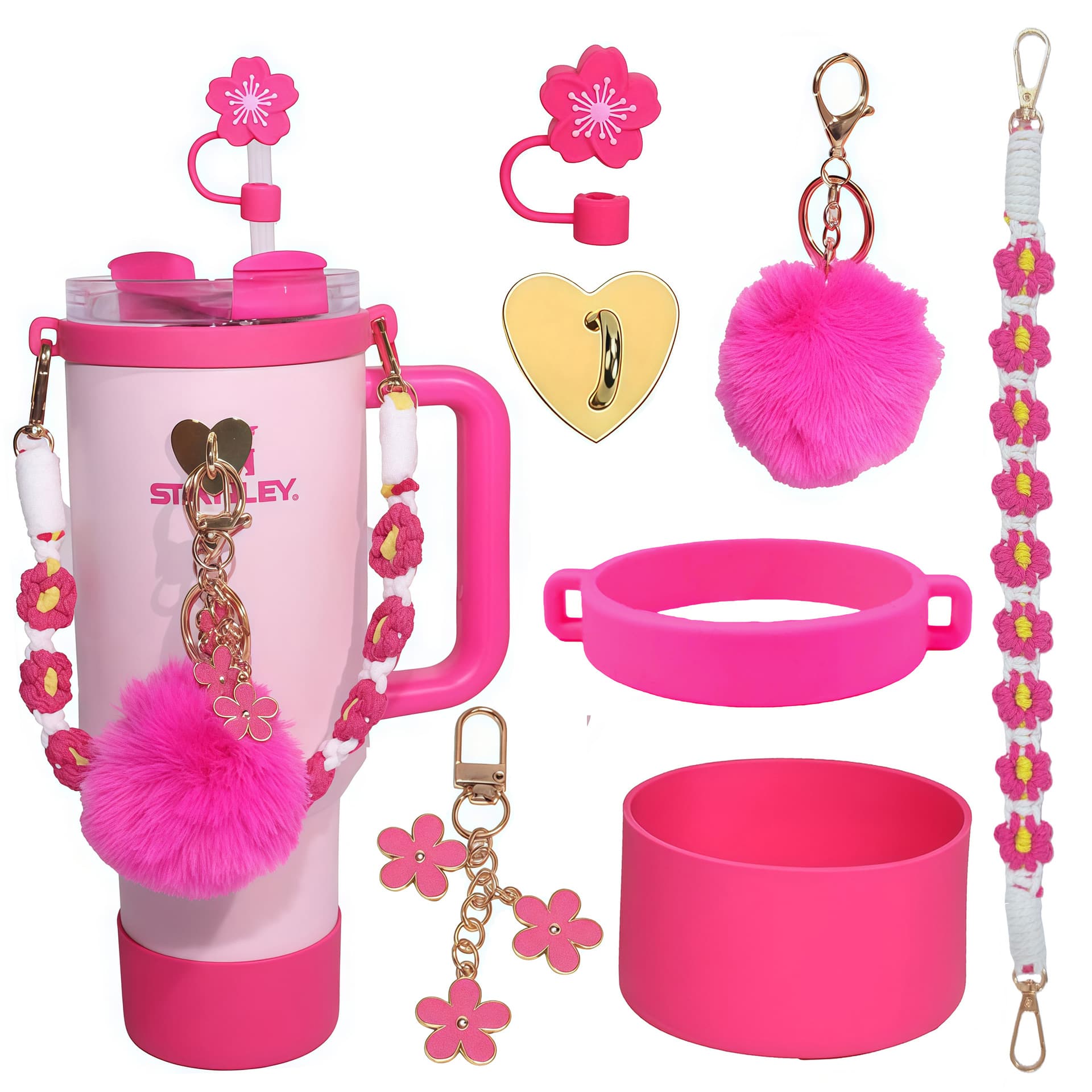 Stanley Insulated Cup Flower Straw Cap Cup Cover Coal Ball Plush Pendant Decoration Water Bottle Hand Strap Cup Cover