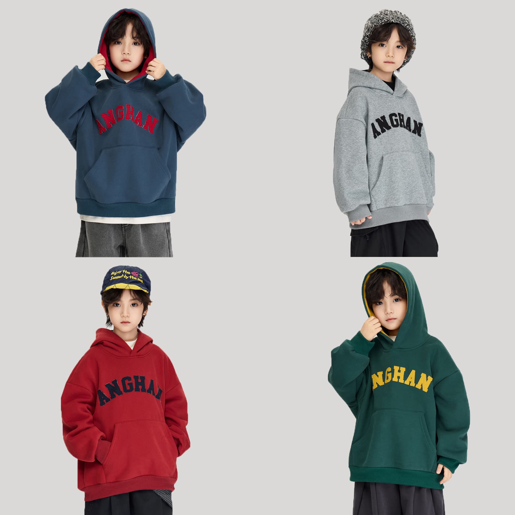 2025 Winter New Children's Stylish Letter Embroidered Thickened Top, Boys' Medium to Large Size Contrast Color Hooded Fleece Sweatshirt