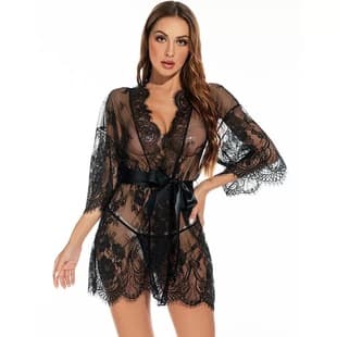 New Europe America Sexy Lingerie Women's Tempting Lace Kimono Sleepwear Doll Dress Mesh Nightgown