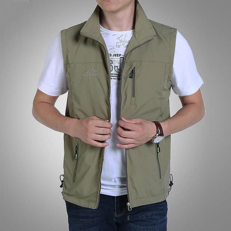 Casual Zipper Stand Collar Solid Color Vest Loose Fit with Pockets Normal Style Men's Vest Brown Single Color Hoodless