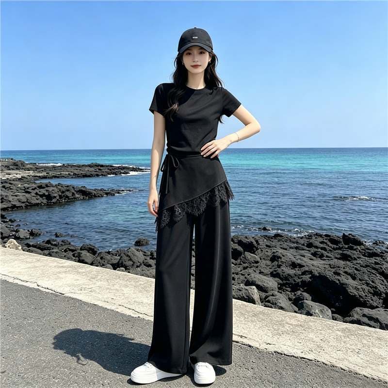Shenzhen Nanyou Personality Simple Style Women's Suit Summer New Off-Shoulder Top Lace Skirt Long Pants Two-Piece Set