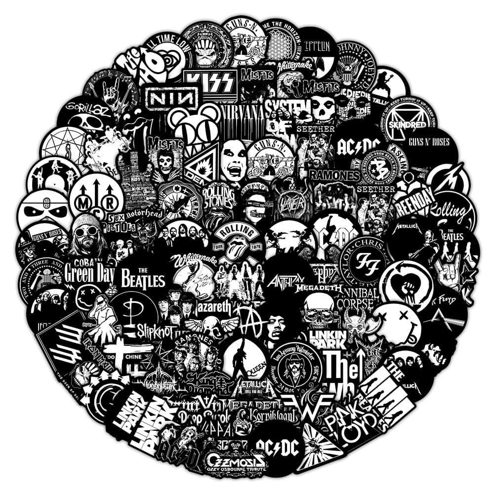 110 Black and White Band Punk Retro Graffiti Stickers for Luggage, Notebook, Scooter, Water Bottle, Guitar