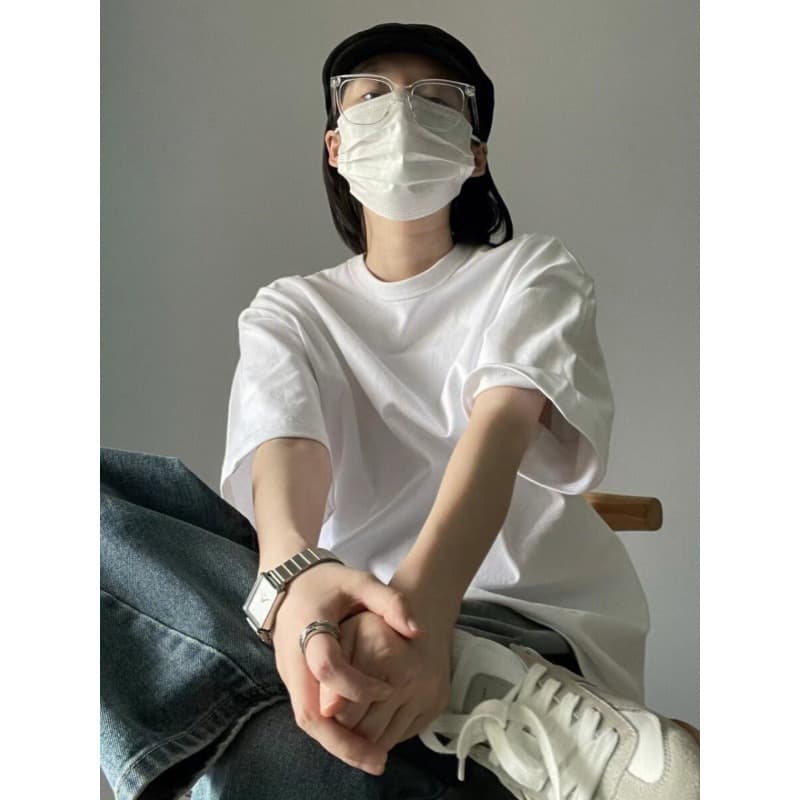 100% pure cotton American retro white short-sleeved T-shirt for women and men summer basic design niche solid color top