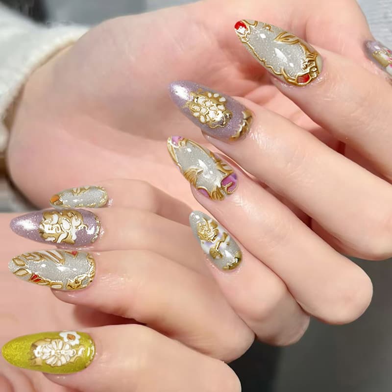 Cat Eye 3D Irregular Gilded Floral European American Style Detachable Wearable Nails 30pcs press on nails