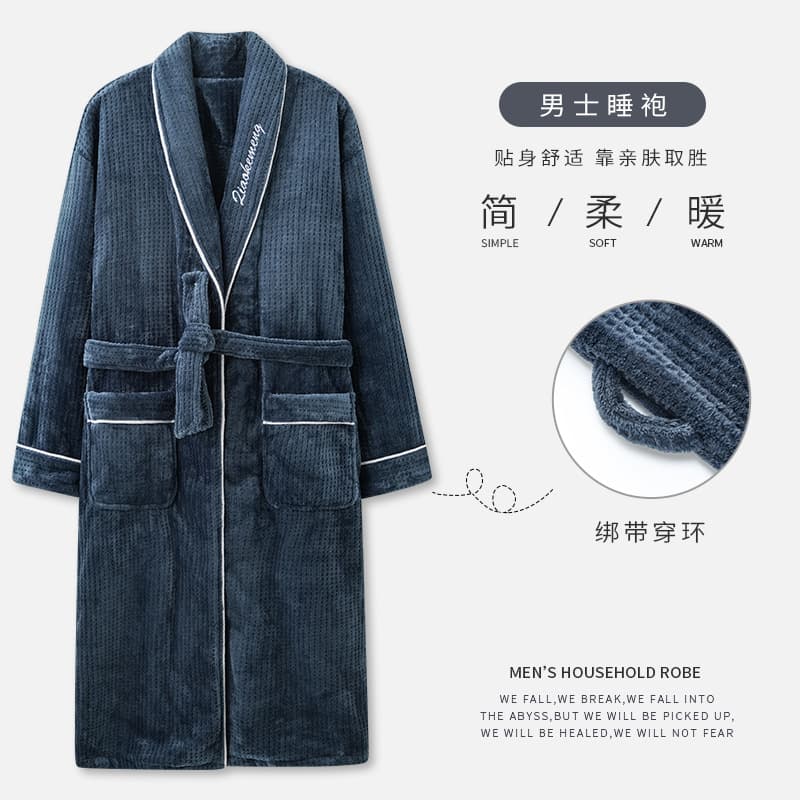 Autumn and Winter Thickened Warm Waffle Coral Velvet Nightgown Men's Long-Sleeved Hotel Bathrobe Bathrobe Large Size Men's Home Clothes