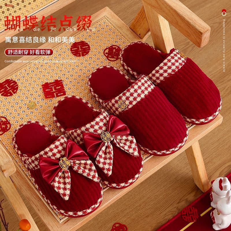 Wedding Slippers Festive Red Pair Newlywed Warm Home Anti-slip Couple Bride Dowry Cotton Slippers Autumn Winter