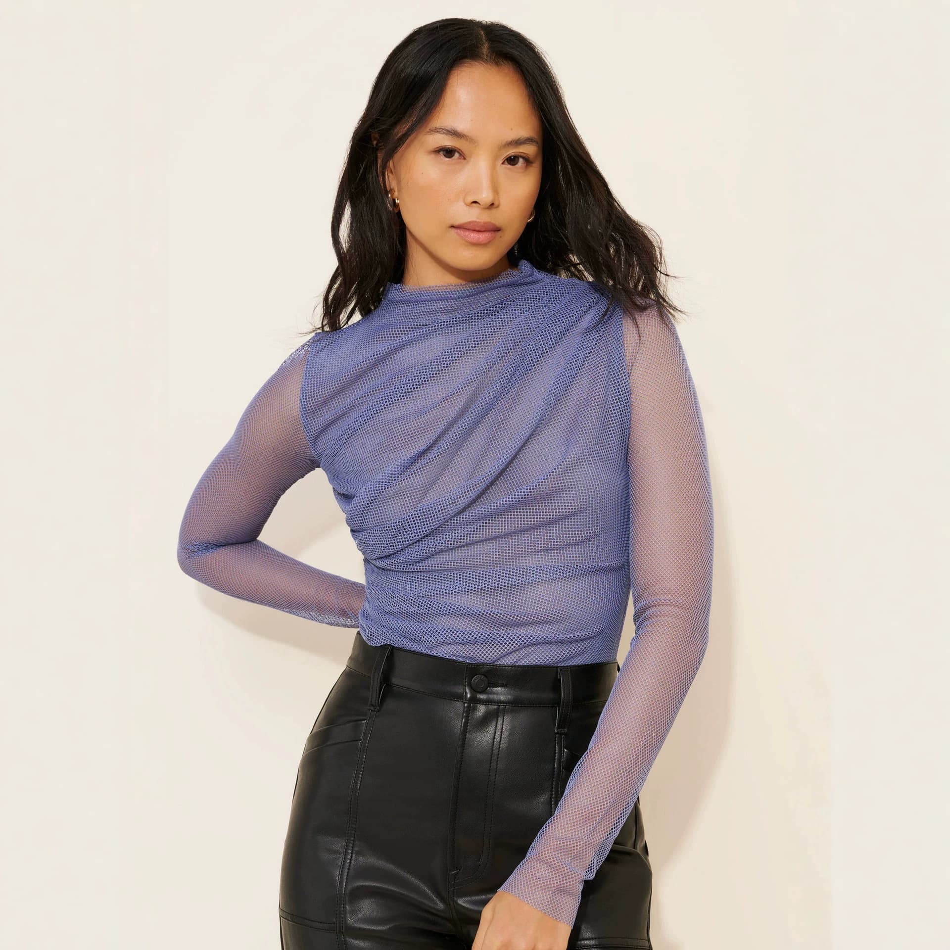 European and American cross-border popular half-turtle collar pleated mesh jumpsuit for women with long sleeves and slightly see-through sexy slim-fitting bottoming shirt