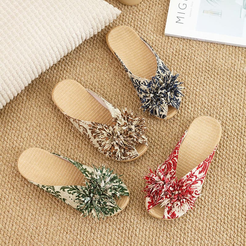 New Summer Open-Toe Embroidered Linen Slippers for Women, Korean Style Bow Knot Closed-Toe Bamboo Woven Slippers, Home Cool Slippers