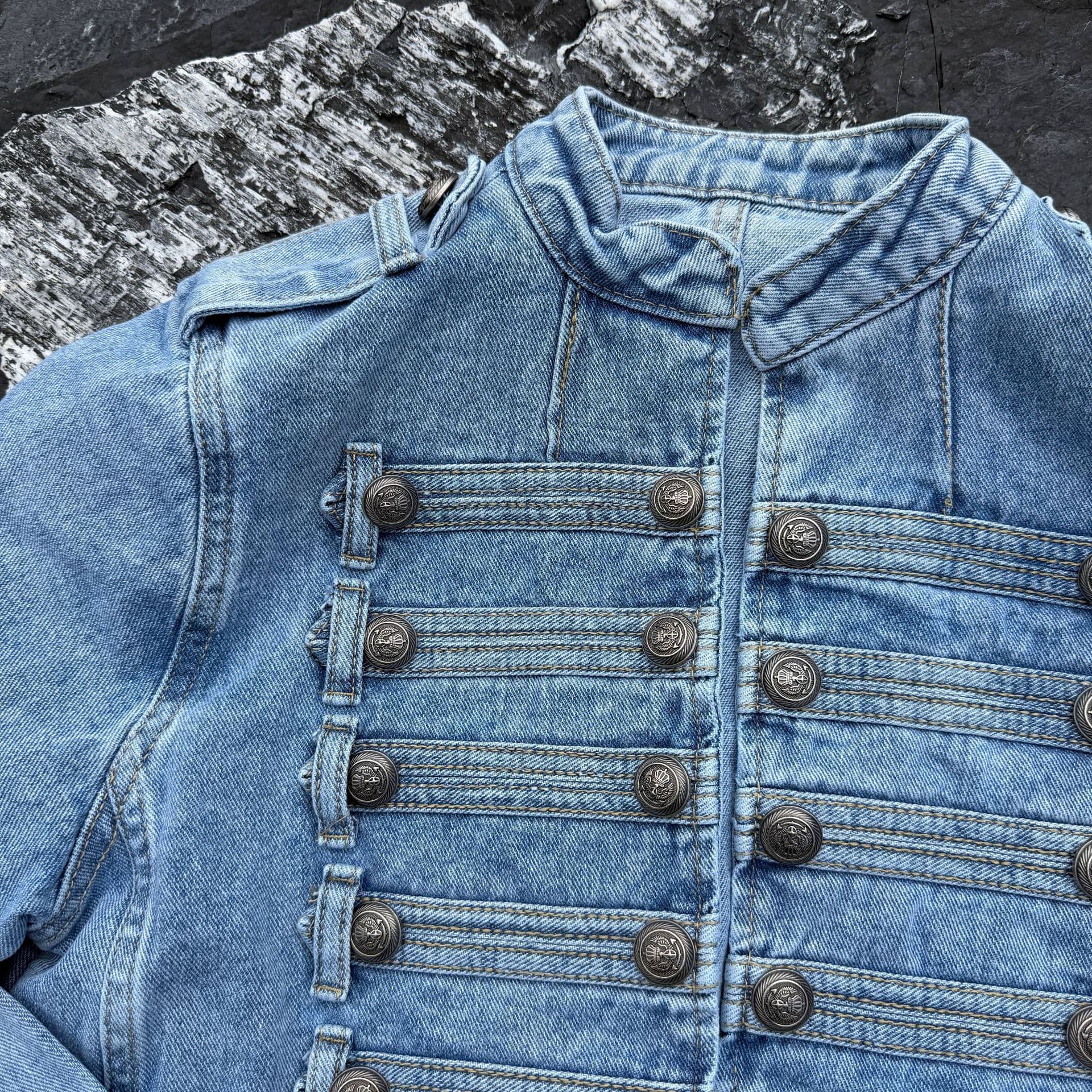 [Xiao Tianba] Women's American Retro Court Style Button-Decorated Stand Collar Denim Jacket