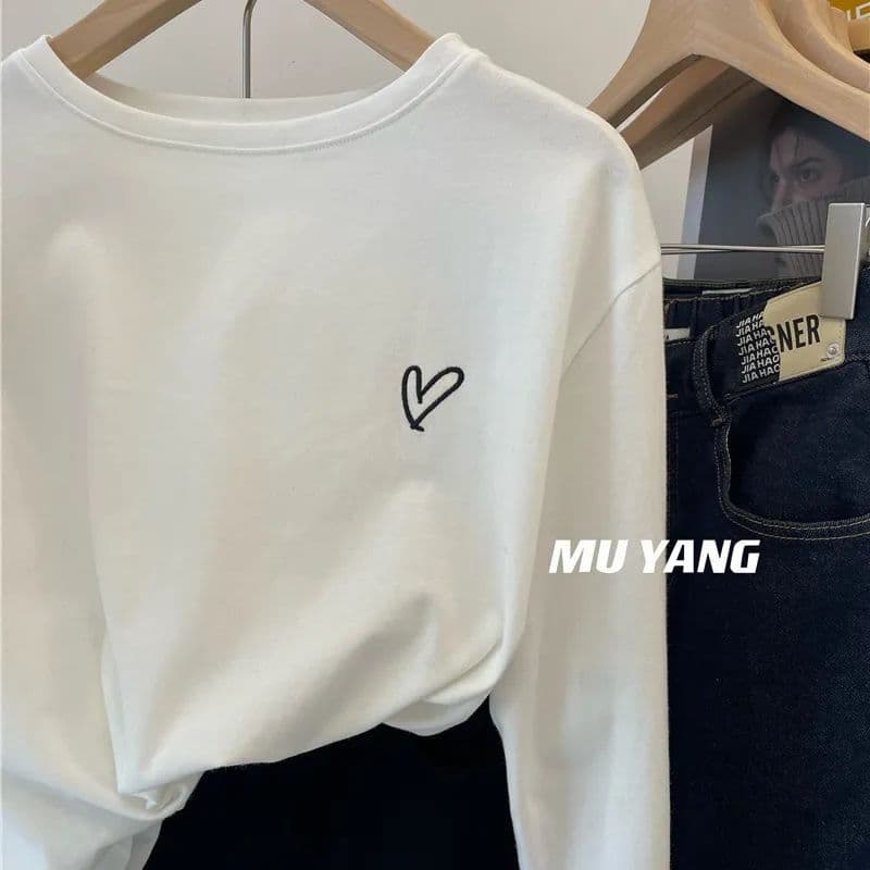 Outlets~Foreign trade last single fall and winter brushed embroidered love loose casual German velvet bottoming shirt with inner top