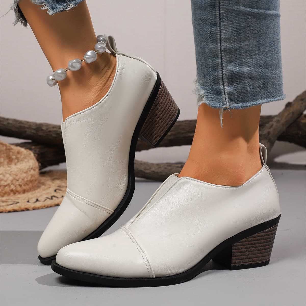 Western Style Elastic Chelsea Boots Chunky Heel Retro Pointed Toe Women's Shoes Comfortable Flat Footwear Summer Pure Color