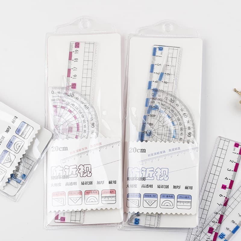 Anti-myopia ruler set, 4-piece set for primary and secondary school students, including set squares, wavy rulers, straight rulers, and multi-functional protractors.