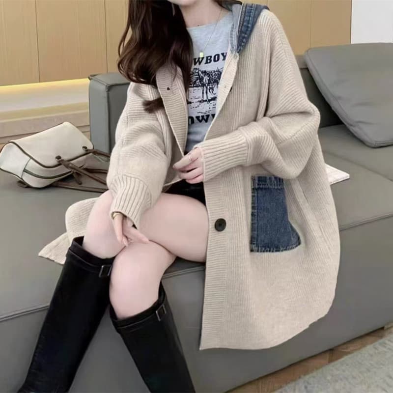 Autumn new cross-border women's hooded denim patchwork sweater women's knitted long-sleeved mid-length cardigan loose jacket