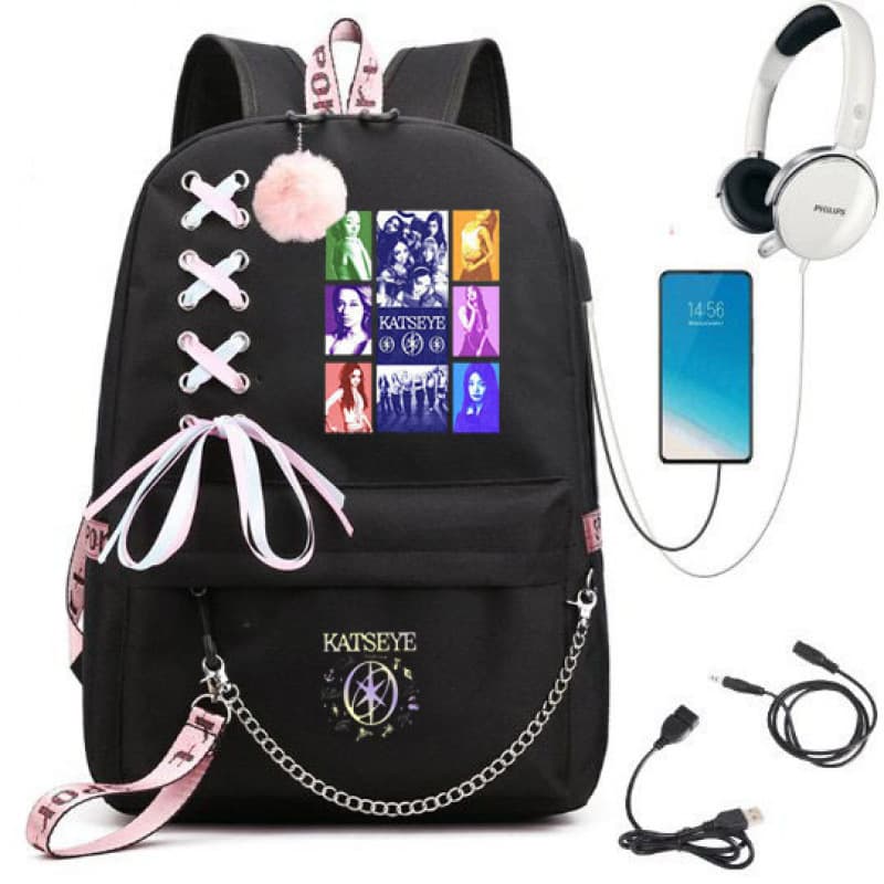 New Cross-border Katseye Music Backpack for Primary and Middle School Students USB Charging Pom-pom Backpack Large Capacity