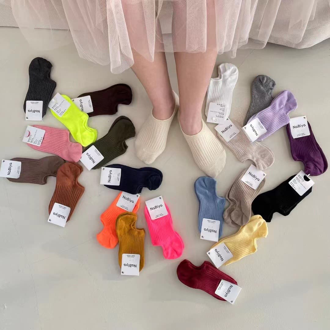 Korean Socks Dongdaemun Nabiya Fluorescent Color Vertical Pattern Pure Color Boat Socks Spring and Summer Cotton Socks Low Waist Women's Socks