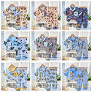 Pajamas for Kids 2026 Children's Casual Button-Down Summer Floral Short Sleeve Long Pants Homewear