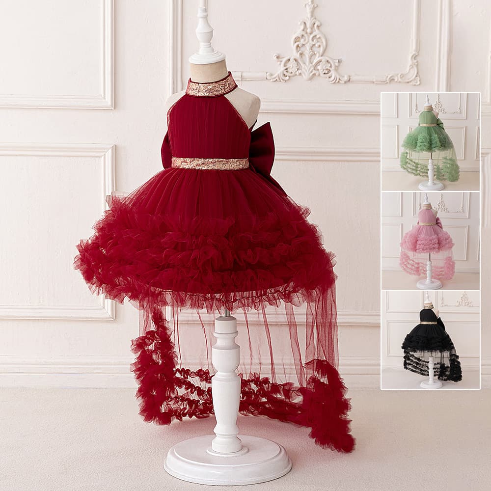 New Cross-Border Children's Dress with Train, Princess Dress with Halter Neck, Mesh Sequin Cake Dress, Runway Host Princess Dress