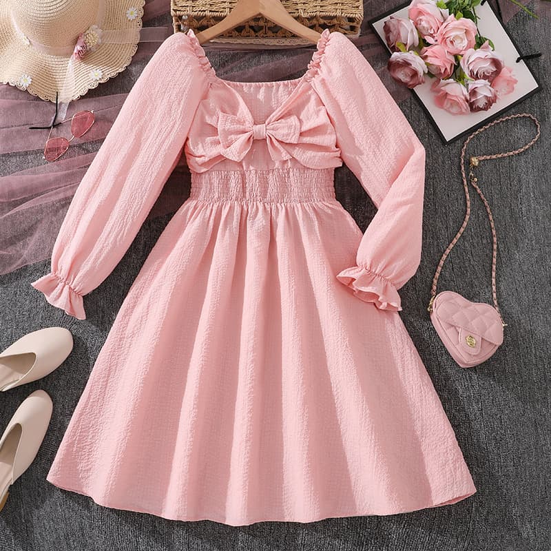 Cross-border Children's Clothing 2025 New European and American Autumn French Square Neck Long Sleeve Solid Color Waist-Cinching Flared Dress for Older Girls