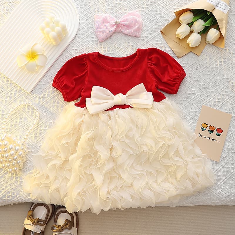 Princess Style Cotton Mesh Skirt Summer Fashionable Girls Dress Baby Girl Short Sleeve A-Line Skirt Comfortable Breathable Clothing