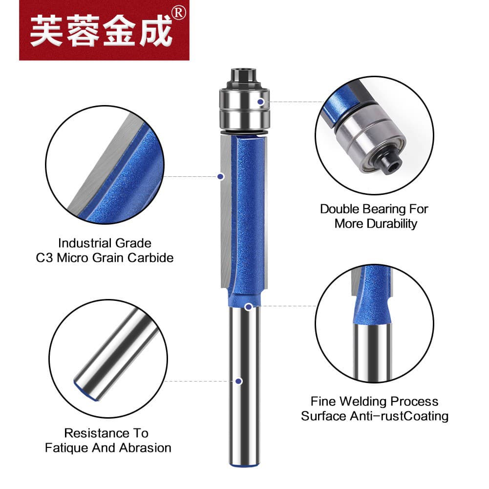 Head Double Bearing Trimming Router Bit Tungsten Carbide Profiling Woodworking Milling Cutter Slotting Straight Bit Alloy Blade Tip Set