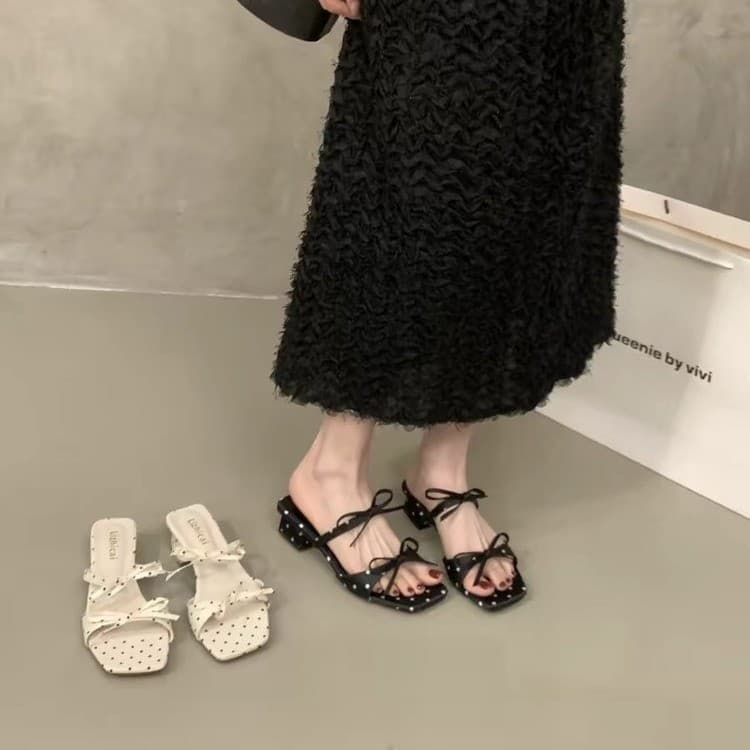 Korean Polka Dot Open-Toe Chunky Heel Sandals 2026 Spring Summer Women Bow Flat Slide Casual Outdoor Slippers