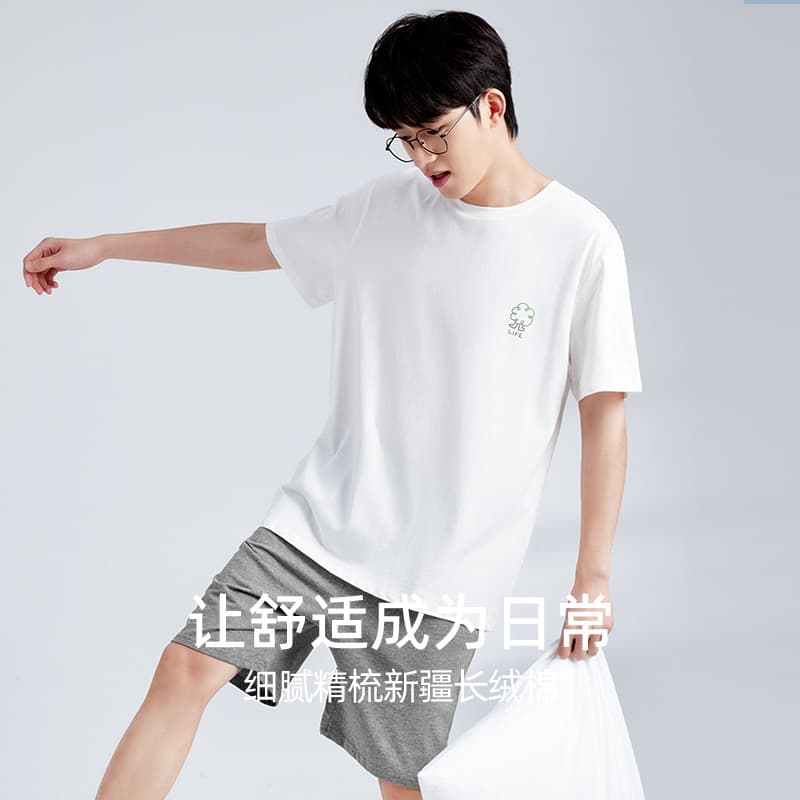 【Simple Style】Men's Cotton Summer Thin Short-Sleeved Pajama Set for Teens, Casual Homewear