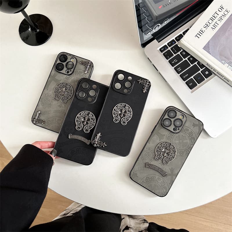 Cross-border Trendy 17 Pro Max Phone Case Compatible with Apple 16 13 Chrome Hearts Leather Protective Cover Full Coverage Lens Film