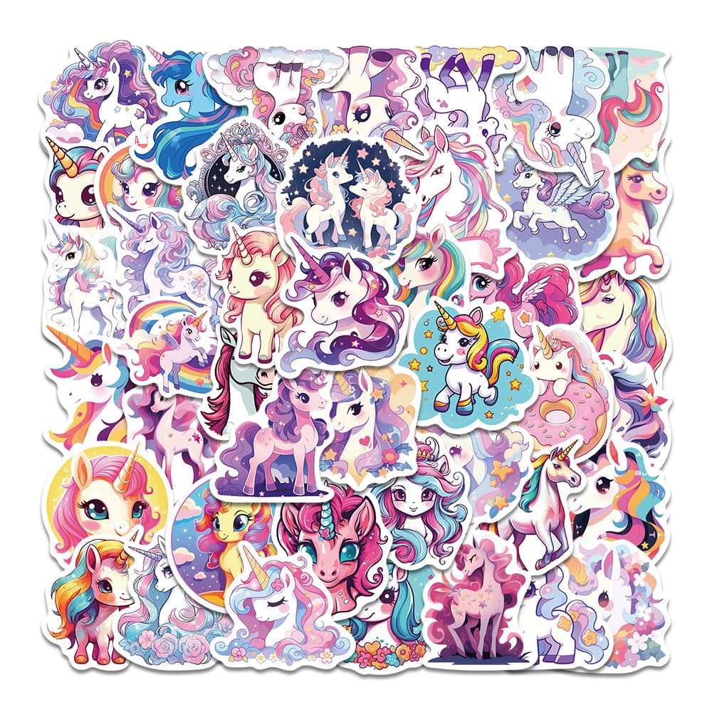 50 Cartoon Unicorn Doodle Stickers for Suitcases, Cups, Laptops, and Phones, Waterproof and Non-Infringing
