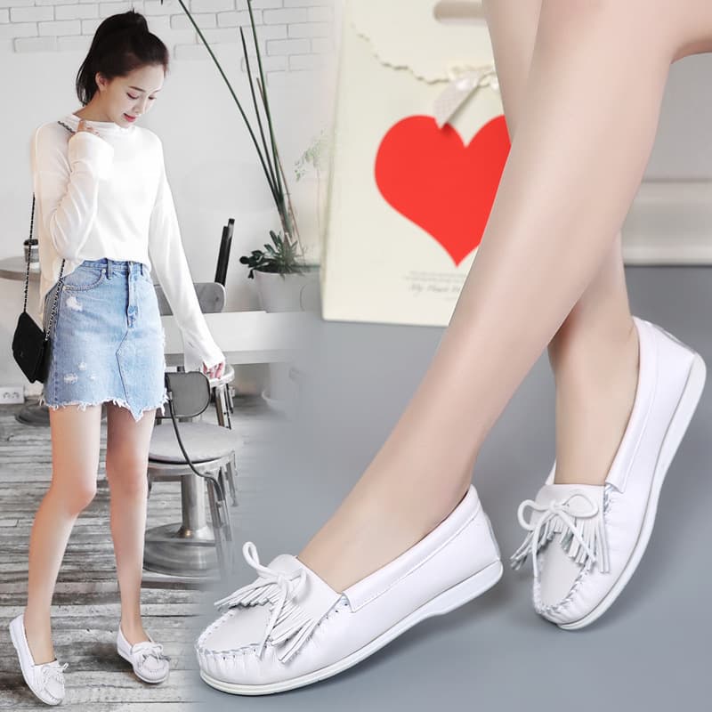 Chunqiu Genuine Leather Nurse Shoes Slip-on Tassel White Shoes Korean Style Casual Platform Shoes Comfortable Non-slip Women's Flats