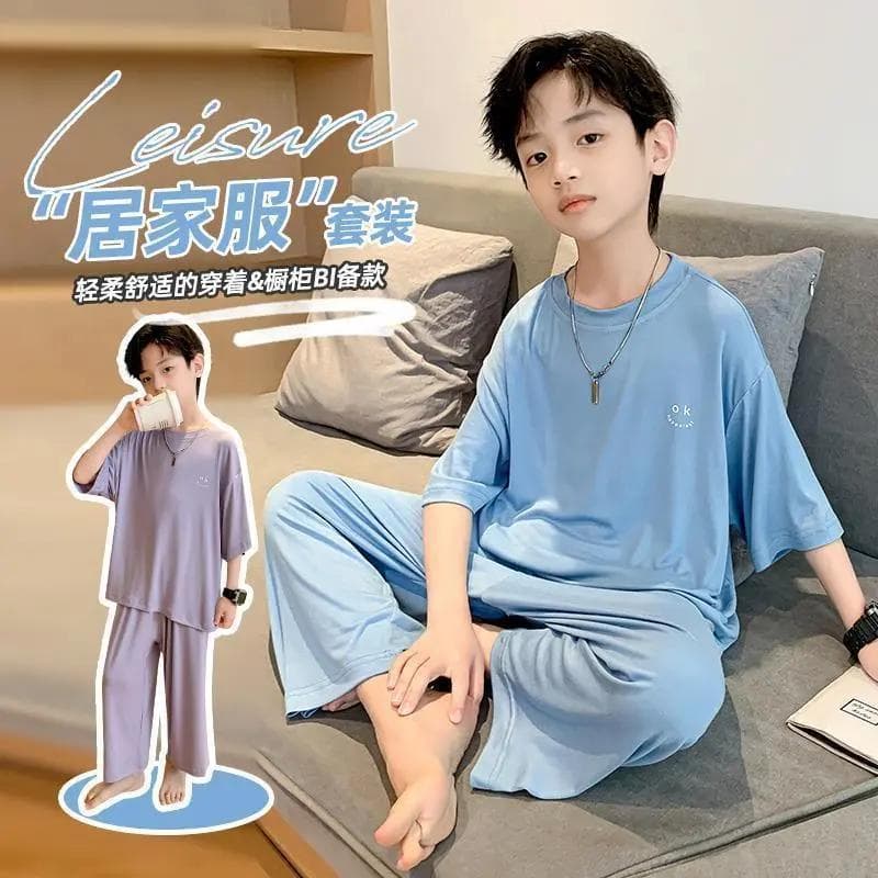 2024 summer new style medium and large children's pajamas, children's ice silk boys' air-conditioned clothes, casual and comfortable thin home clothes trend