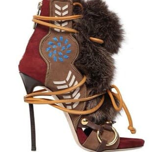 Cross-border independent station ins fashion runway stiletto open-toe lace-up furry women's short boots sandals